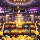 Vibrant online slot machine interface displaying a 'BIG WIN' with cascading coins and multiplier effects, set against a blurred background of a luxurious mobile casino lobby with promotion hints, representing top slots for Malaysian players.