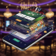 Sleek smartphone displaying a dynamic online casino app interface, combining live casino, sports betting, and slot machine elements in a luxurious setting, representing the iBET Malaysia all-in-one mobile gaming experience.
