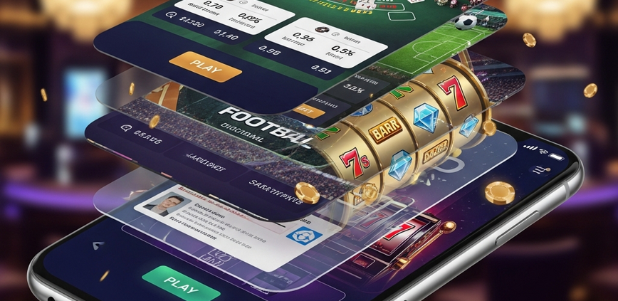 Sleek smartphone displaying a dynamic online casino app interface, combining live casino, sports betting, and slot machine elements in a luxurious setting, representing the iBET Malaysia all-in-one mobile gaming experience.