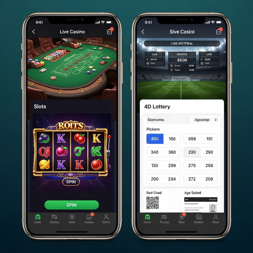 Illustrates the diverse range of gaming options (Live Casino, Sports Betting, Slot Games, 4D Lottery) available within the single iBET app, emphasizing its comprehensive nature.