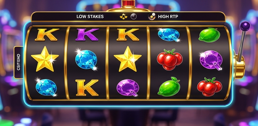 Vibrant, modern online slot machine interface with reels mid-spin, showing classic symbols, a prominent 'SPIN' button, and subtle 'Low Stakes' and 'High RTP' indicators on a premium digital casino platform, perfect for beginners in Malaysia.