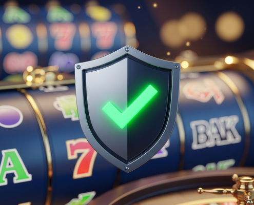 A glowing green checkmark on a sleek security shield icon, overlaid on a blurred background of a luxurious online casino game interface, symbolizing safety and trust.