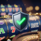 A glowing green checkmark on a sleek security shield icon, overlaid on a blurred background of a luxurious online casino game interface, symbolizing safety and trust.
