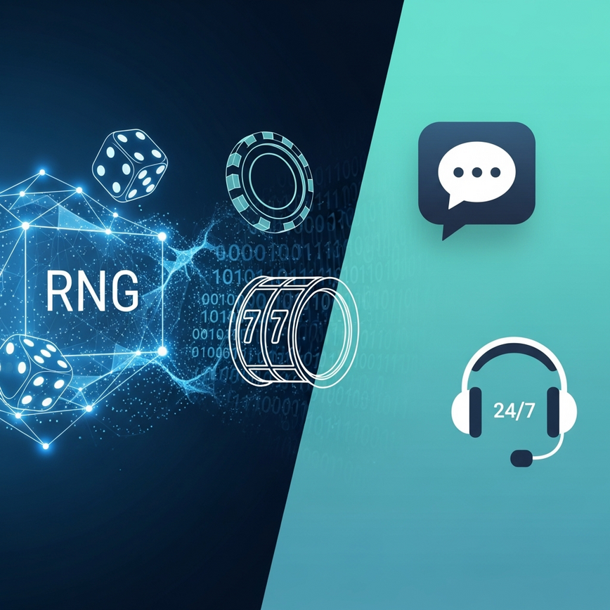 Visualizes game fairness through RNG certification and the availability of 24-hour customer support, covering key aspects of a safe online casino.