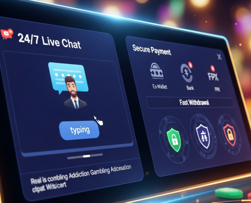 Sleek online casino interface featuring a prominent 24/7 live chat window on one side and secure, fast payment method icons with security shields on the other, conveying trust and efficiency.