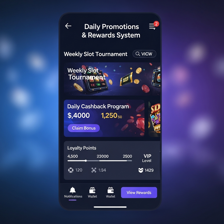 Illustrates the daily promotions and rewards system, including tournaments, cashback, and loyalty points, as described in the article.