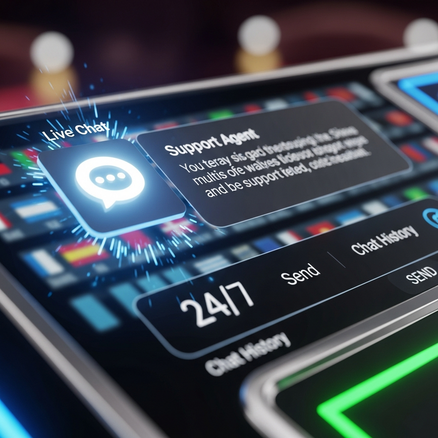Illustrates the concept of responsive and multilingual 24/7 live chat support within an online casino context.