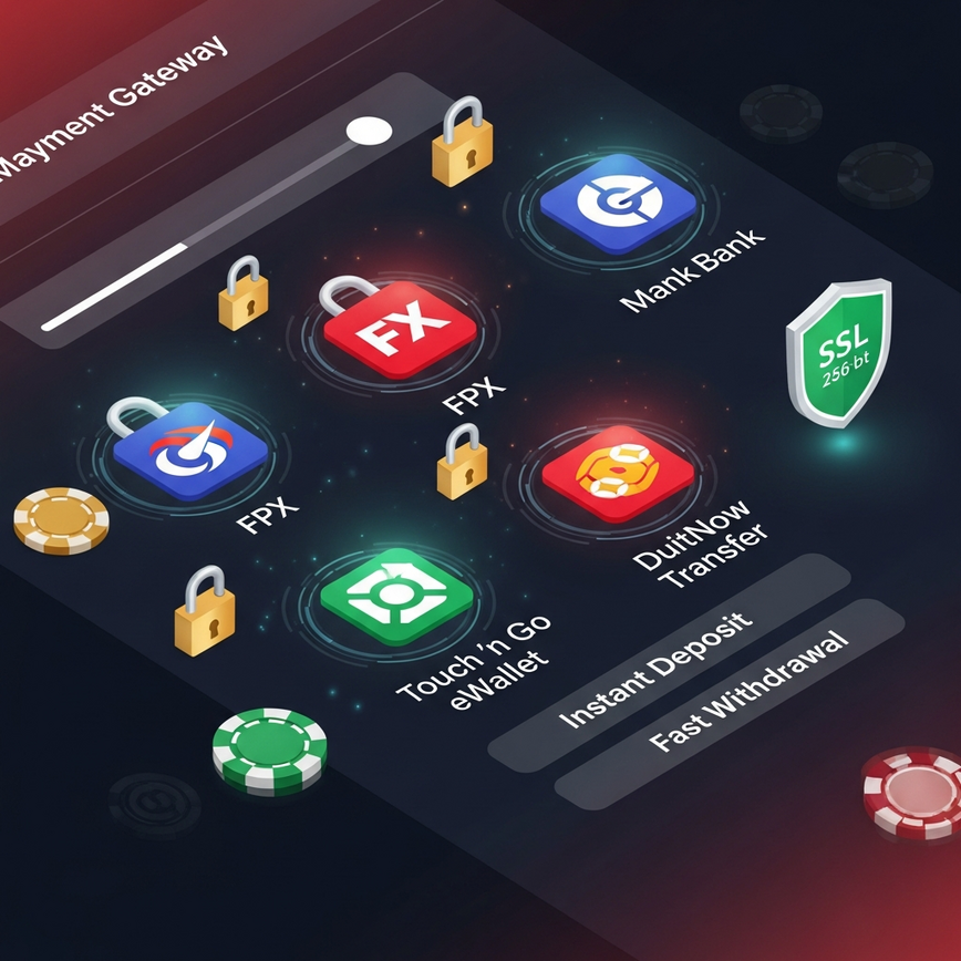 Visualizes fast and secure online payment methods, specifically tailored for the Malaysian market, emphasizing e-wallets and bank transfers.