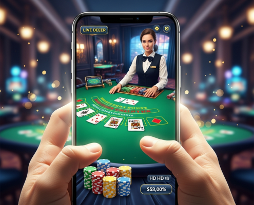 High-definition image of a smartphone displaying a smooth live dealer blackjack game interface with virtual chips and cards, set against a luxurious, blurred online casino background.