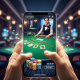 High-definition image of a smartphone displaying a smooth live dealer blackjack game interface with virtual chips and cards, set against a luxurious, blurred online casino background.