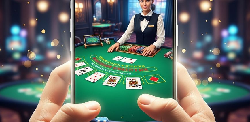 High-definition image of a smartphone displaying a smooth live dealer blackjack game interface with virtual chips and cards, set against a luxurious, blurred online casino background.