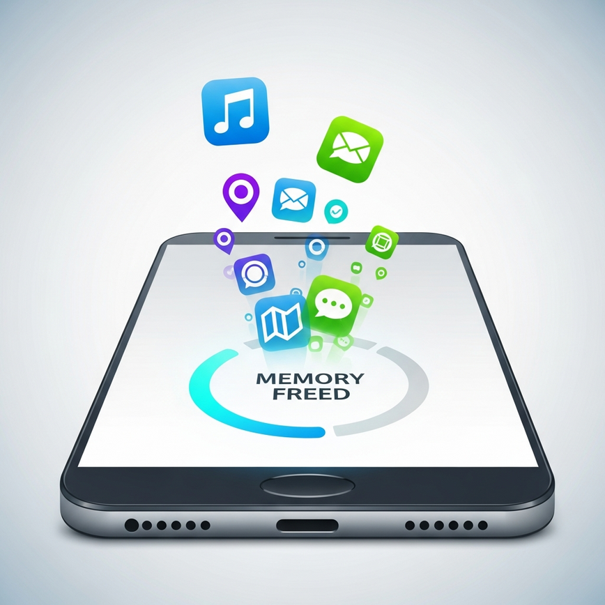 Illustrates the concept of optimizing phone memory by closing background applications for better live dealer game performance.