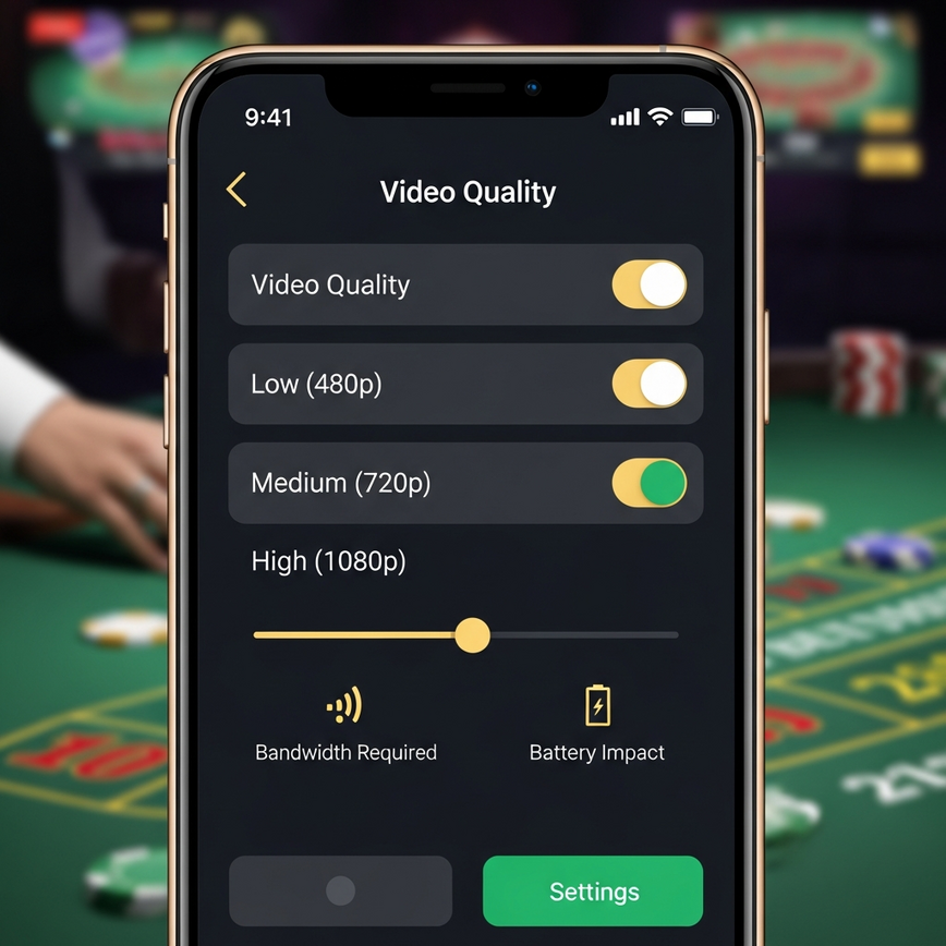 Depicts an in-app settings screen within a mobile casino application, focusing on adjustable video quality options for live dealer games.