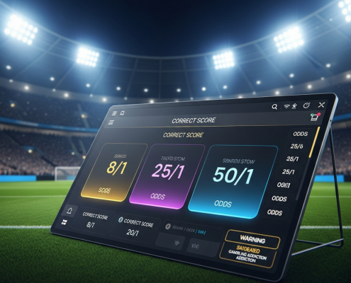 Digital interface for correct score football betting showing high odds options against a blurred stadium background, emphasizing high risk and high reward.