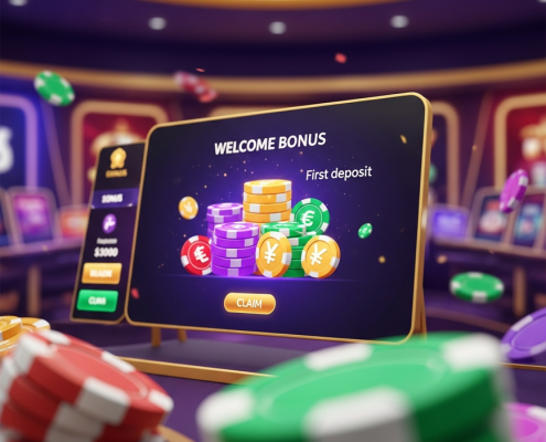 Premium online casino interface showcasing a vibrant welcome bonus offer with stacked chips and glowing bonus symbols, set in a luxurious digital lobby.