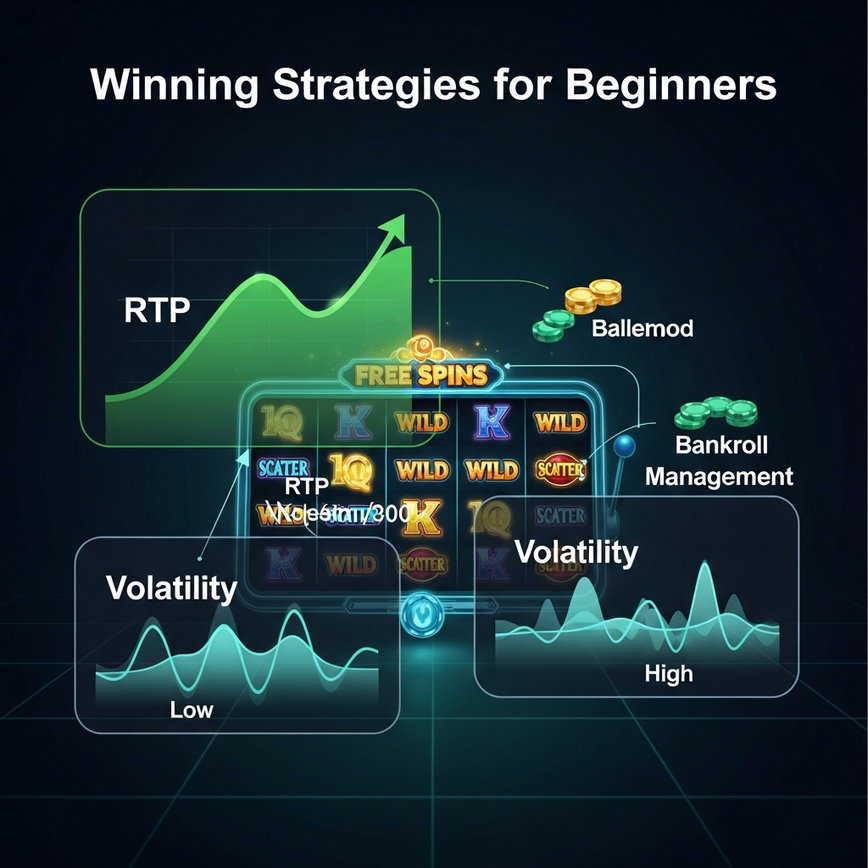 Visually explains key winning strategies for beginners, such as RTP, volatility, bankroll management, and bonus features, using conceptual graphics.
