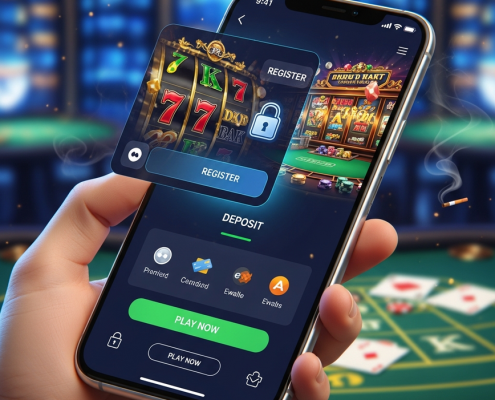 Sleek smartphone displaying a dynamic online casino mobile app interface, showing elements of registration, deposit, and a casino game, symbolizing quick and secure account setup.