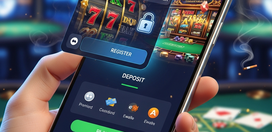Sleek smartphone displaying a dynamic online casino mobile app interface, showing elements of registration, deposit, and a casino game, symbolizing quick and secure account setup.
