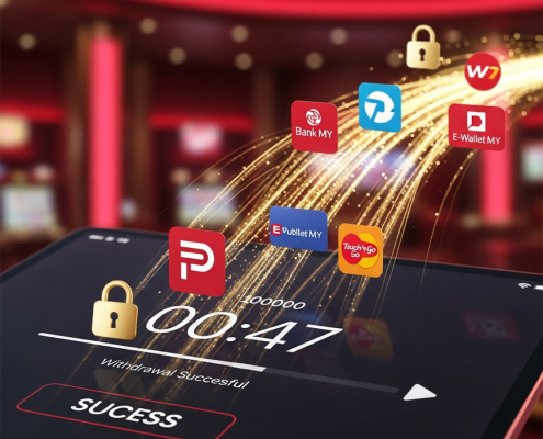 A digital illustration of a successful online casino withdrawal on a modern interface, with abstract data streams flowing towards generic Malaysian bank and e-wallet icons, symbolizing rapid fund transfer within 47 minutes.
