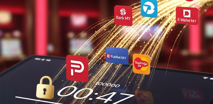 A digital illustration of a successful online casino withdrawal on a modern interface, with abstract data streams flowing towards generic Malaysian bank and e-wallet icons, symbolizing rapid fund transfer within 47 minutes.