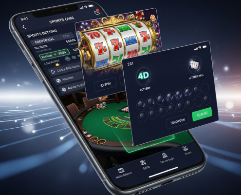 A premium mobile app interface seamlessly integrating sports betting odds, vibrant slot machine reels, a live dealer casino table, and 4D lottery balls, representing an all-in-one secure online gaming platform.