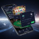 A premium mobile app interface seamlessly integrating sports betting odds, vibrant slot machine reels, a live dealer casino table, and 4D lottery balls, representing an all-in-one secure online gaming platform.