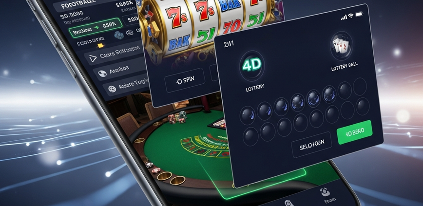 A premium mobile app interface seamlessly integrating sports betting odds, vibrant slot machine reels, a live dealer casino table, and 4D lottery balls, representing an all-in-one secure online gaming platform.