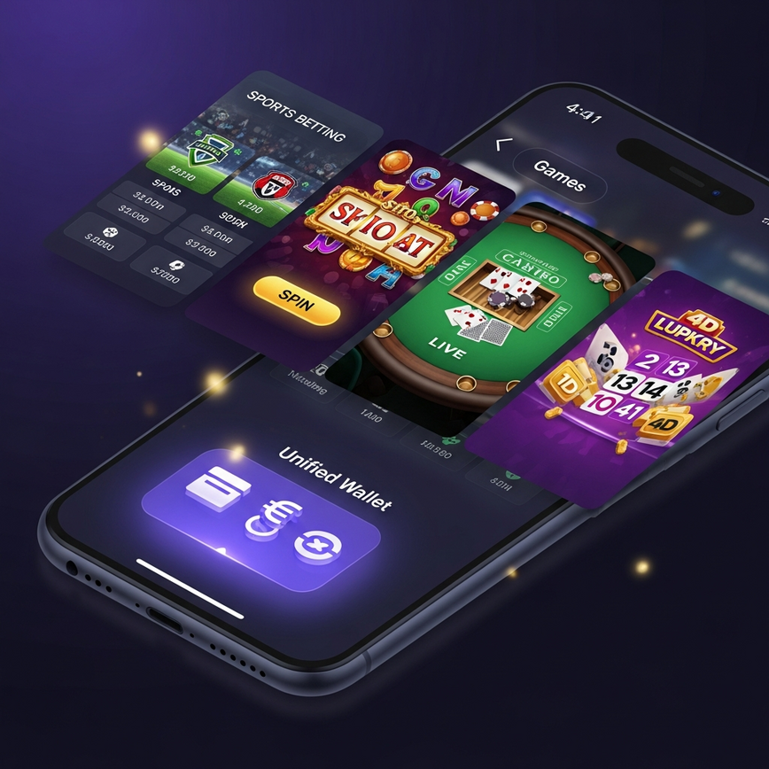 Depicts the seamless integration of various game types (sports, slots, live casino, 4D lottery) and a unified wallet system within a single mobile app, emphasizing convenience and diverse entertainment.