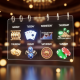 A vibrant, futuristic digital calendar interface displaying daily online casino promotions like cashback, lucky draws, and bonuses for various games, set against a luxurious casino backdrop, symbolizing a comprehensive rewards program.