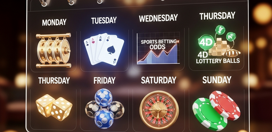 A vibrant, futuristic digital calendar interface displaying daily online casino promotions like cashback, lucky draws, and bonuses for various games, set against a luxurious casino backdrop, symbolizing a comprehensive rewards program.