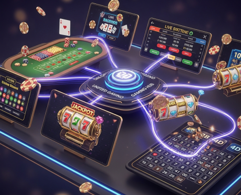 A futuristic digital dashboard visually integrating live casino, sports betting, slot machine reels, and 4D lottery elements into a single 'all-in-one' online gaming platform, showcasing convenience and variety for Malaysian players.