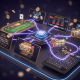 A futuristic digital dashboard visually integrating live casino, sports betting, slot machine reels, and 4D lottery elements into a single 'all-in-one' online gaming platform, showcasing convenience and variety for Malaysian players.