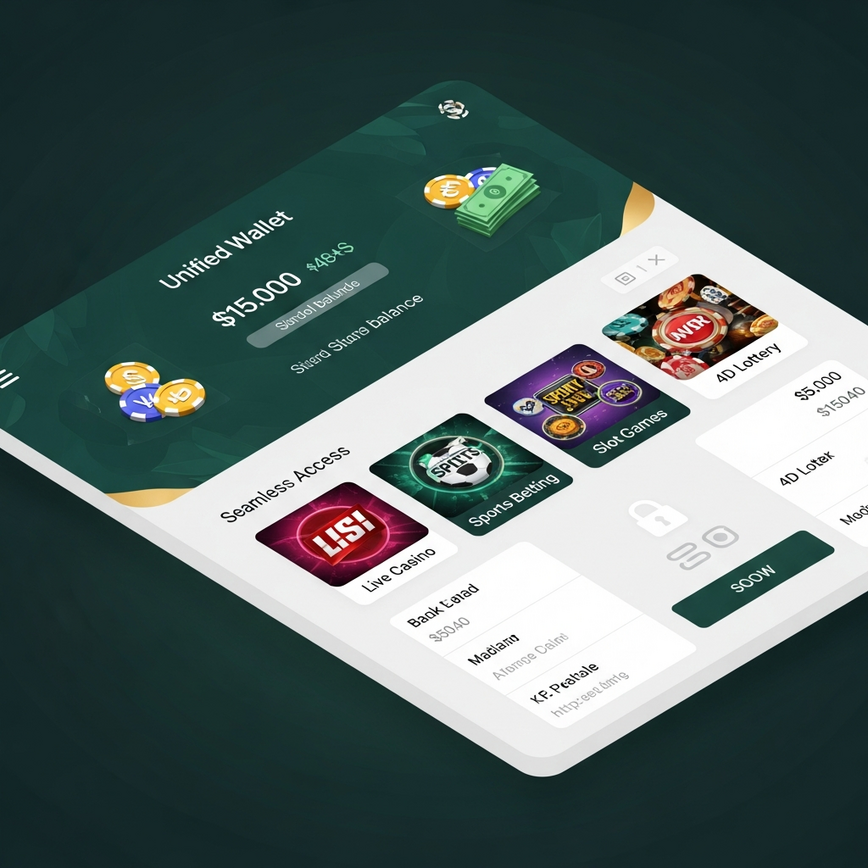 Illustrates the 'Unified Wallet System' concept, showing a centralized balance and seamless access to different gaming categories from one account dashboard.