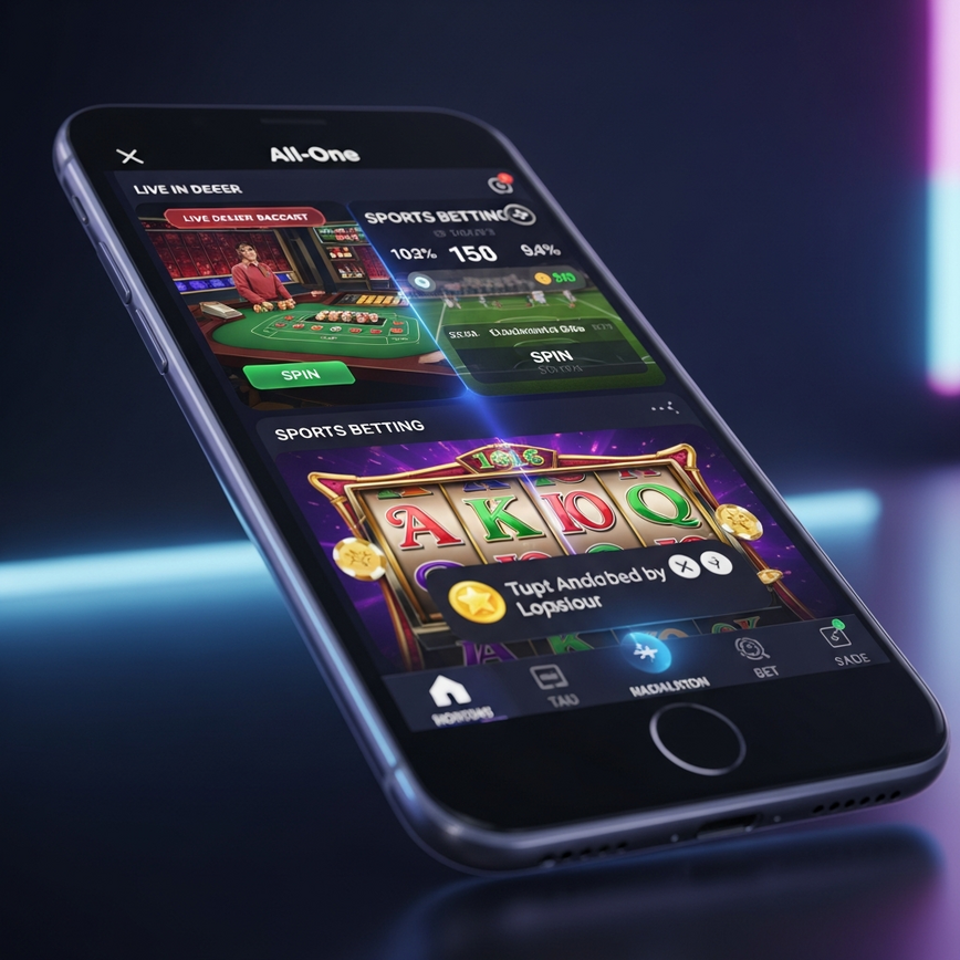 Showcases the mobile app integration, highlighting the convenience of accessing all gaming types on a smartphone with mobile-specific advantages.
