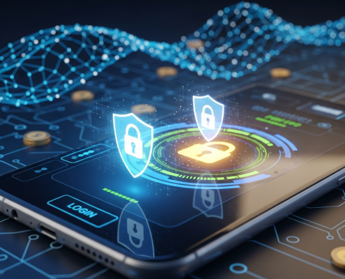Sleek mobile casino app interface with glowing digital shield and padlock icons, illustrating robust security features like SSL encryption and secure login, set against an abstract high-tech background.