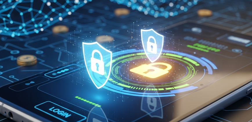 Sleek mobile casino app interface with glowing digital shield and padlock icons, illustrating robust security features like SSL encryption and secure login, set against an abstract high-tech background.