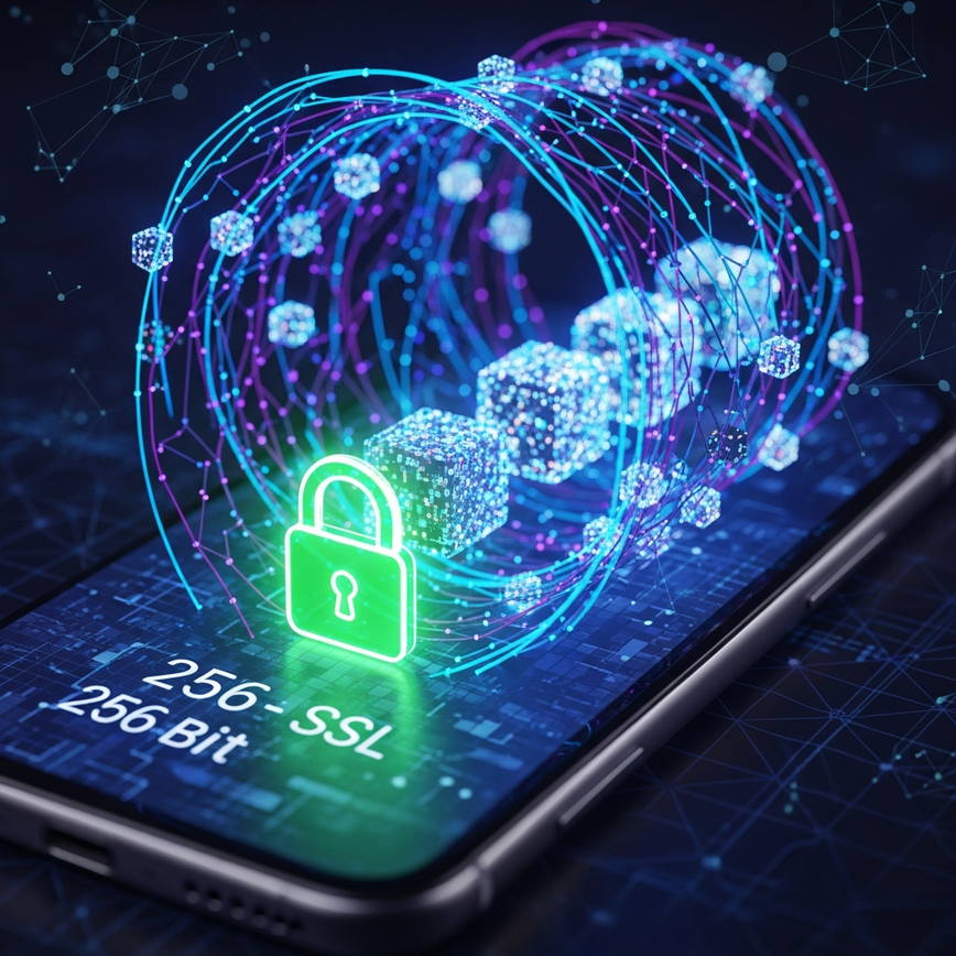 Illustrates the concept of 256-bit SSL encryption protecting data transmission within the iBET mobile app.