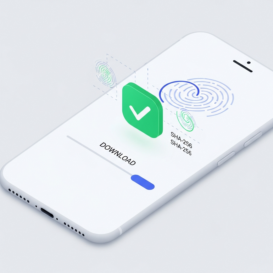 Visualizes the process of safe APK download and verification for the iBET app, highlighting digital signature and hash checks.