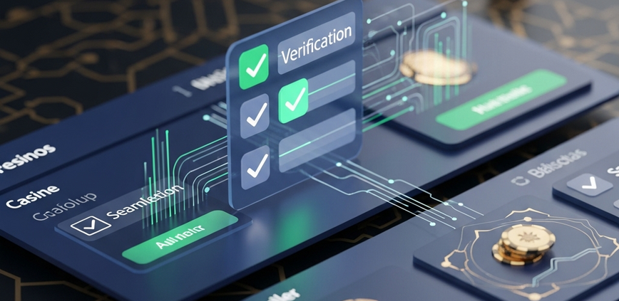 Sleek digital online casino interface showing a verification checklist with glowing checkmarks, symbolizing a secure and informed transition between gaming platforms in Malaysia.
