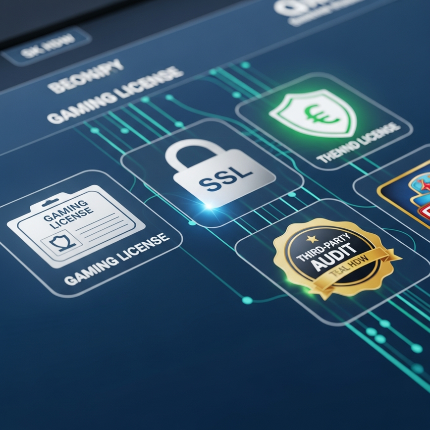 Illustrates the critical aspects of licensing, SSL encryption, and third-party auditing for online casinos.