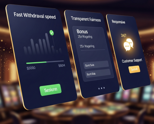 A high-tech online casino dashboard illustrating fast withdrawal speeds, transparent bonus offers, and 24/7 customer support, set against a luxurious blurred casino background, representing a premium Malaysian online casino experience.