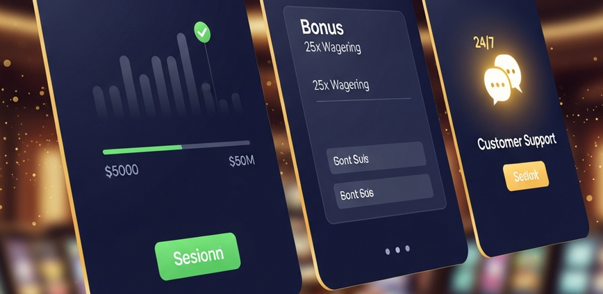 A high-tech online casino dashboard illustrating fast withdrawal speeds, transparent bonus offers, and 24/7 customer support, set against a luxurious blurred casino background, representing a premium Malaysian online casino experience.
