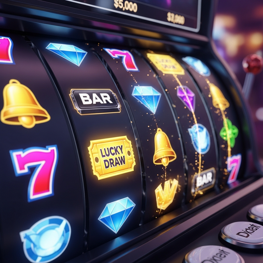 Illustrates the 'Tuesday: Slot Spectacular Lucky Draw' promotion, highlighting the excitement of slot gaming and the chance to win prizes.