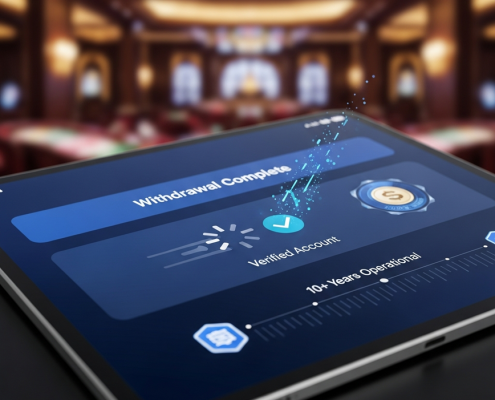 Hyper-realistic online casino dashboard on a tablet showing fast verification, completed withdrawal notifications, and symbols of a 10-year operational track record, set in a luxurious digital environment.