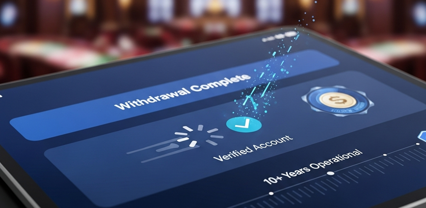 Hyper-realistic online casino dashboard on a tablet showing fast verification, completed withdrawal notifications, and symbols of a 10-year operational track record, set in a luxurious digital environment.