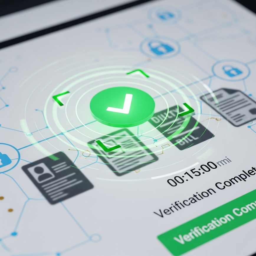Illustrates the concept of fast and secure account verification in an online casino, emphasizing the 15-minute standard.