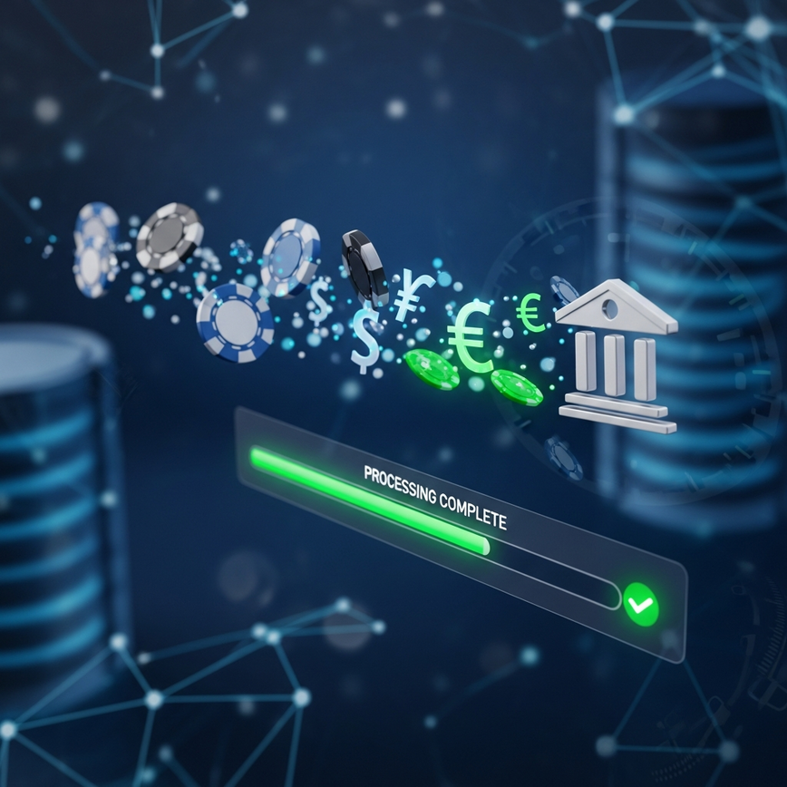 Visualizes rapid and secure withdrawal processing, emphasizing the 'zero withdrawal delays' promise and efficient banking partnerships.