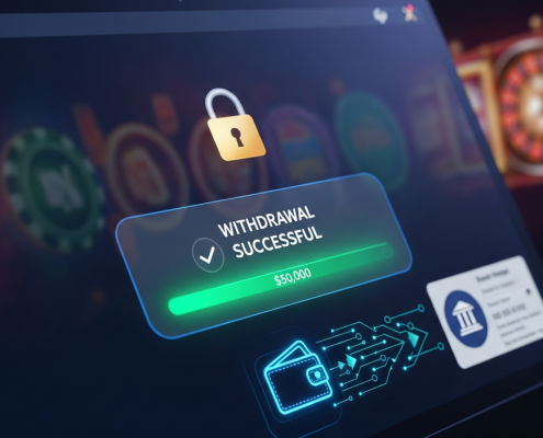Sleek online casino interface displaying a 'Withdrawal Successful' notification with a secure padlock icon and digital data flow, symbolizing fast and reliable payouts in Malaysia.