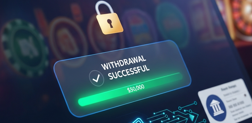 Sleek online casino interface displaying a 'Withdrawal Successful' notification with a secure padlock icon and digital data flow, symbolizing fast and reliable payouts in Malaysia.