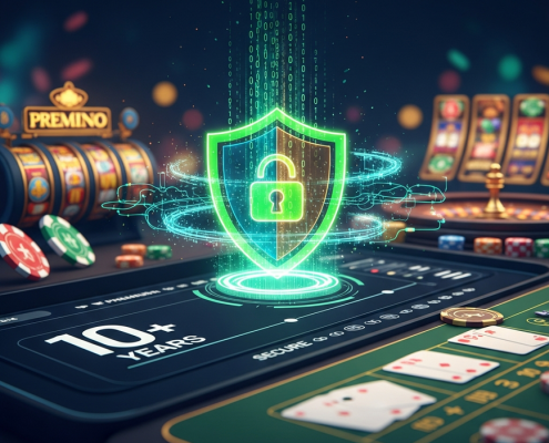 A secure online casino dashboard with a glowing digital shield and padlock icon, representing a decade of trusted operation and advanced data protection against new casino sites.